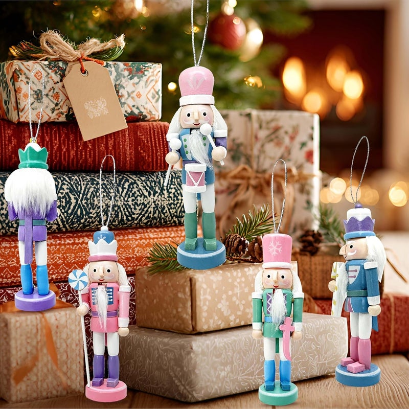 MicoSim Mini Nutcrackers Figures Wooden Christmas Decor, Hanging Nutcracker Ornaments for Xmas Tree, Wood Nut-Crackers Christmas Decorations for Festival Party (Macaron, 5PCS) - Image 5